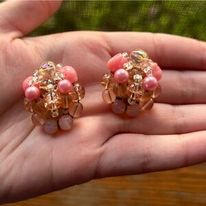 Vintage Western Germany Pink and Gold Cluster Earrings